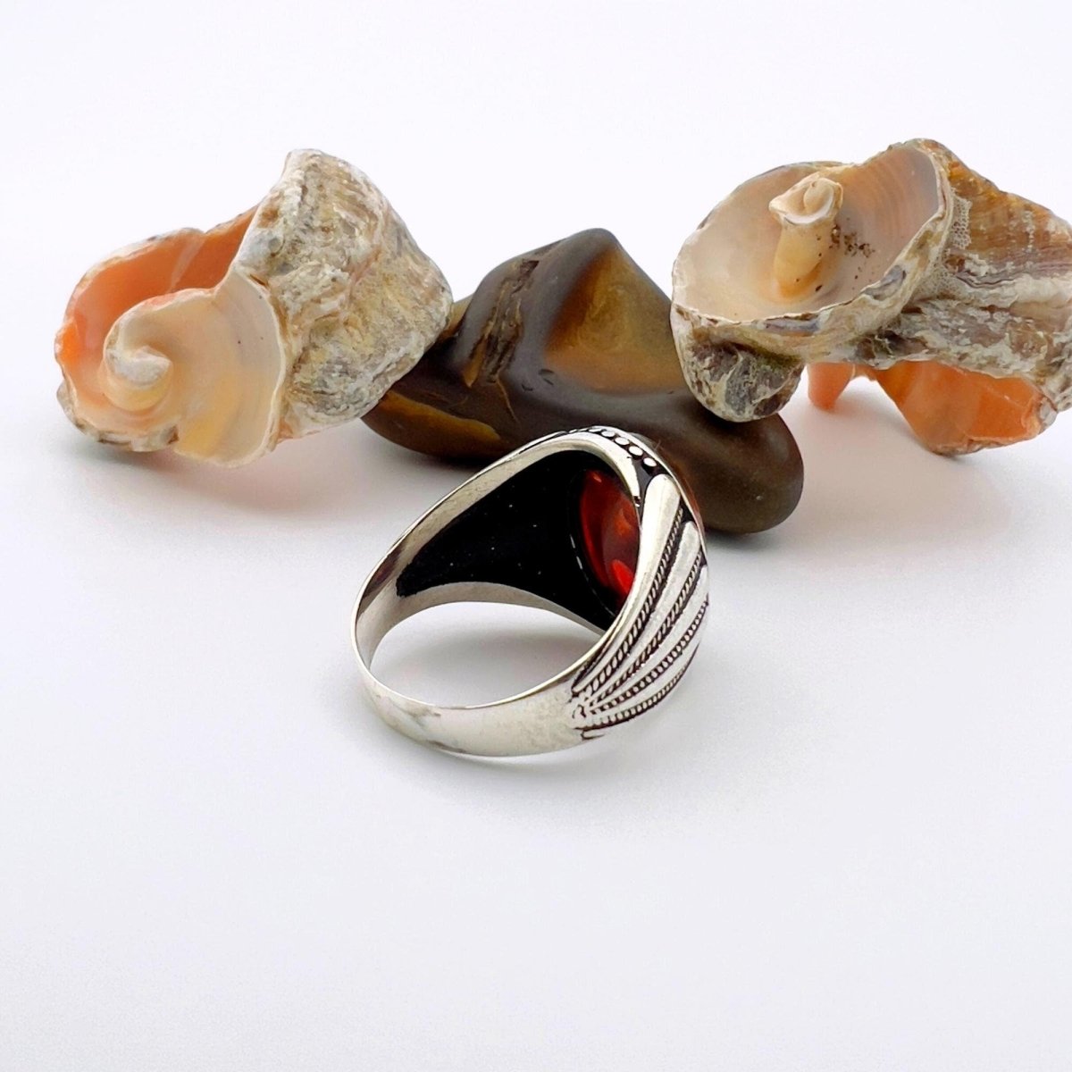 Men's Red Amber Stone Silver Ring