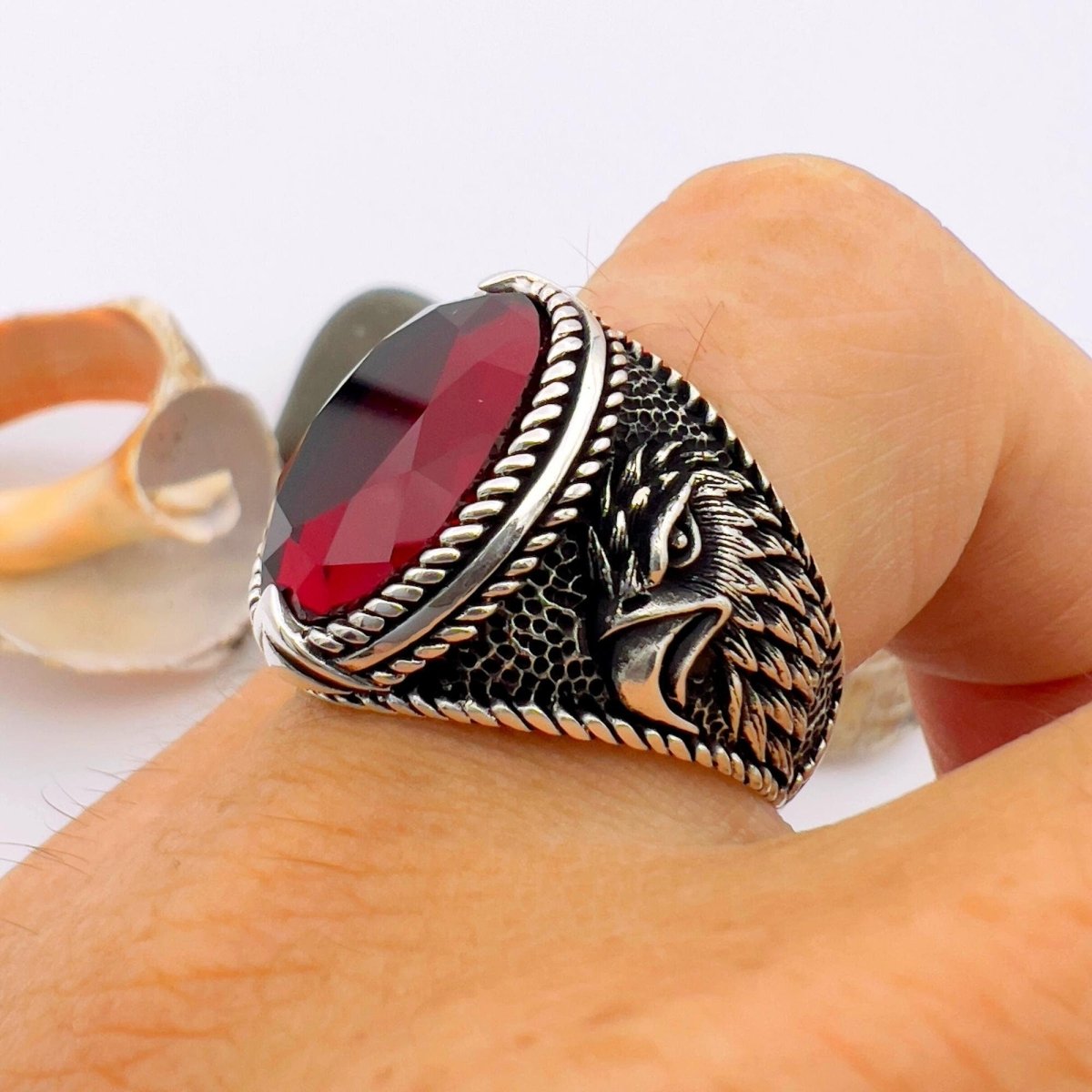 Men's Red Garnet Eagle Silver Ring