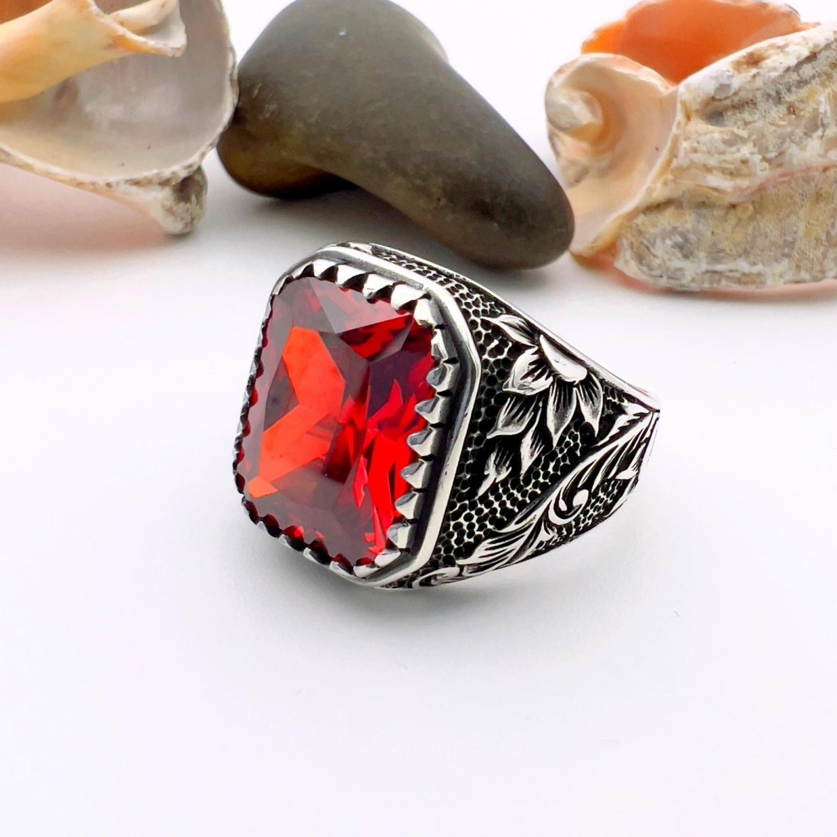 Men's Red Ruby Squared Stone Silver Ring