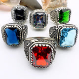 Men's Red Ruby Squared Stone Silver Ring