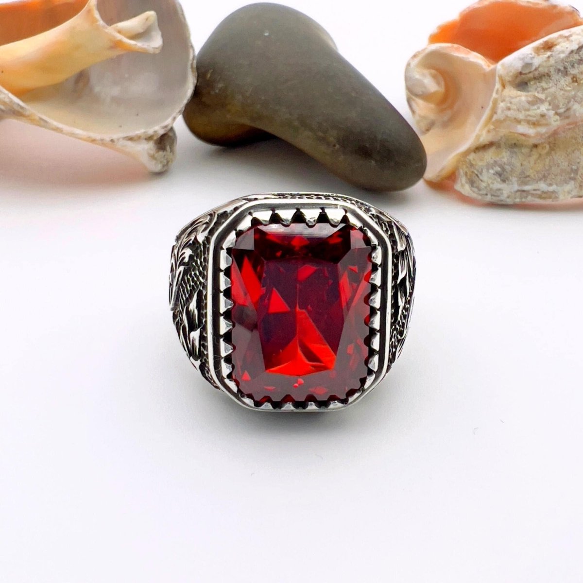 Men's Red Ruby Squared Stone Silver Ring