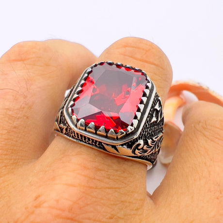 Men's Red Ruby Squared Stone Silver Ring