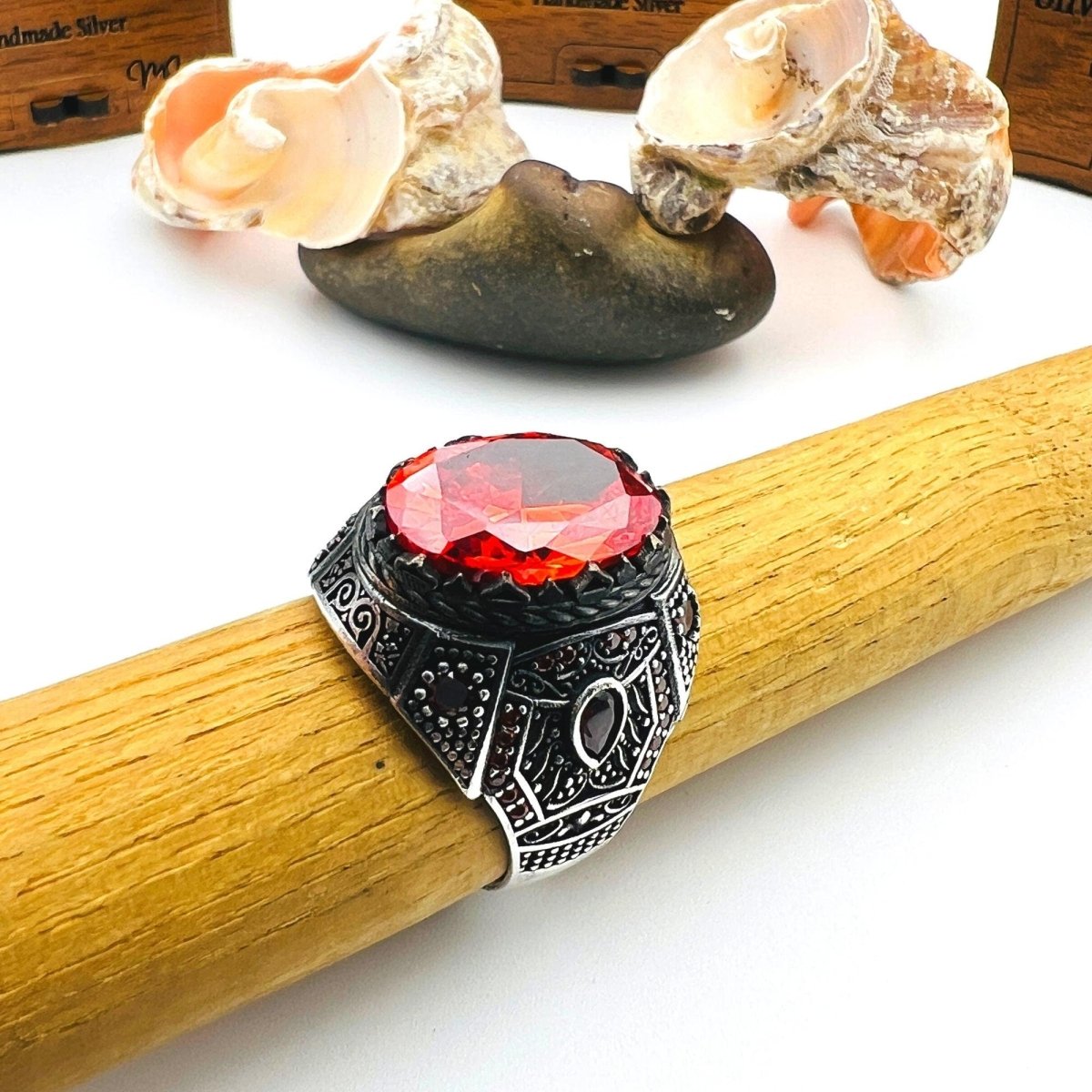 Men's Red Ruby Stone Silver Ring