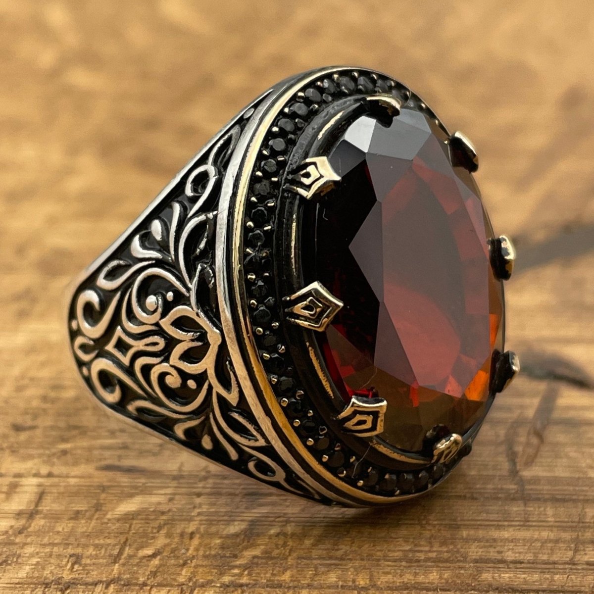 Men's Red Ruby Stone Silver Ring