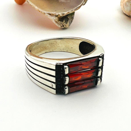 Men's Red Ruby Stone Silver Ring