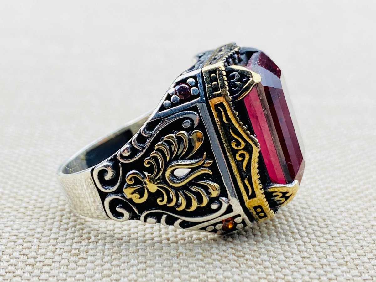 Men's Red Ruby Stone Silver Ring