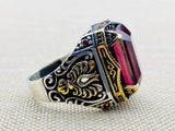 Men's Red Ruby Stone Silver Ring