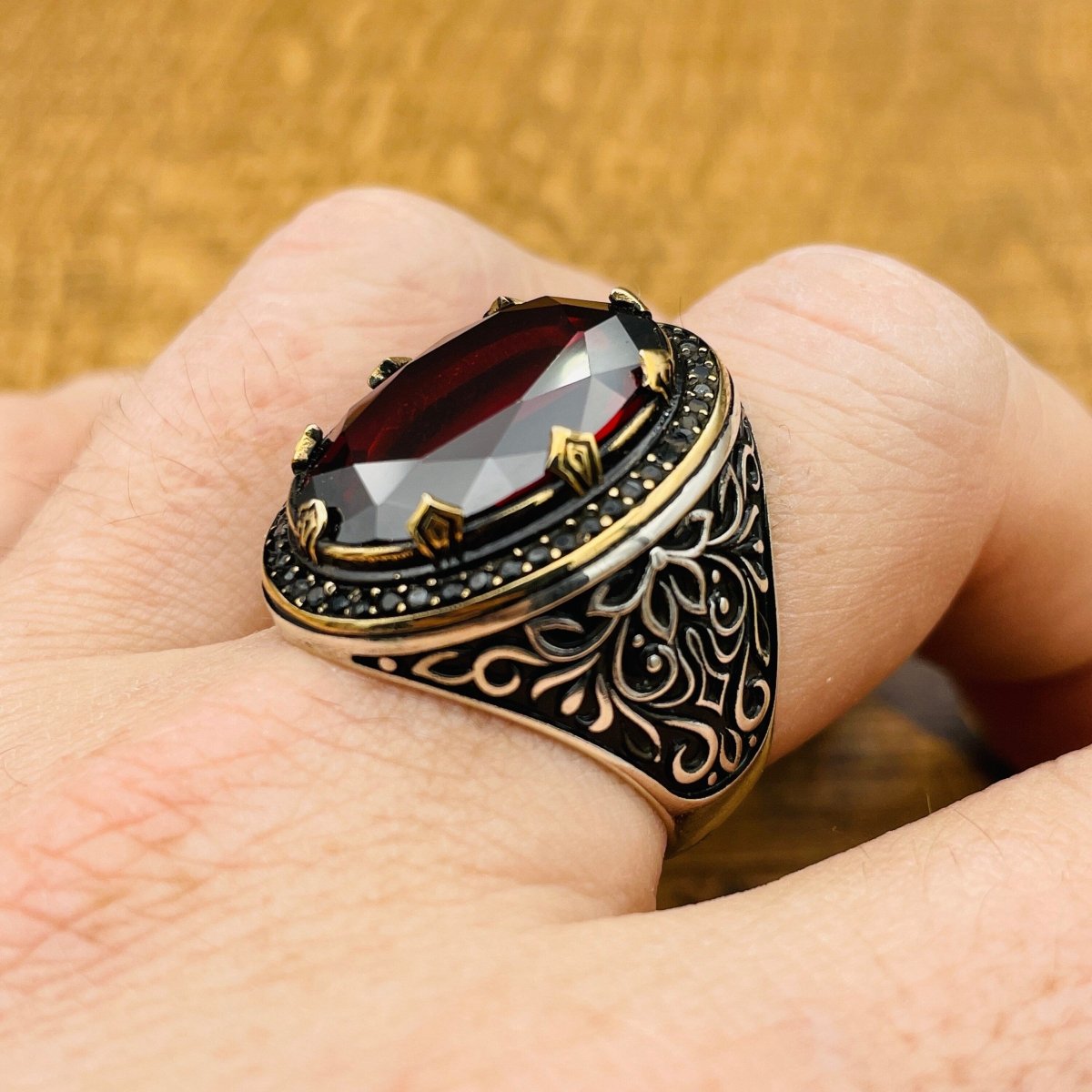 Men's Red Ruby Stone Silver Ring