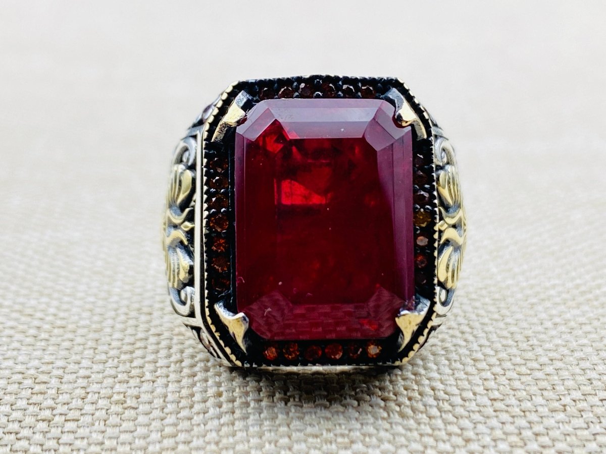 Men's Red Ruby Stone Silver Ring