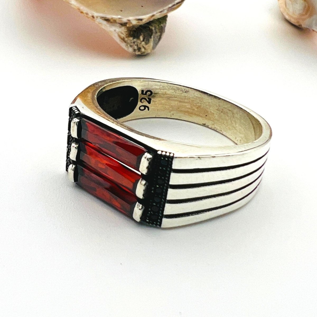 Men's Red Ruby Stone Silver Ring