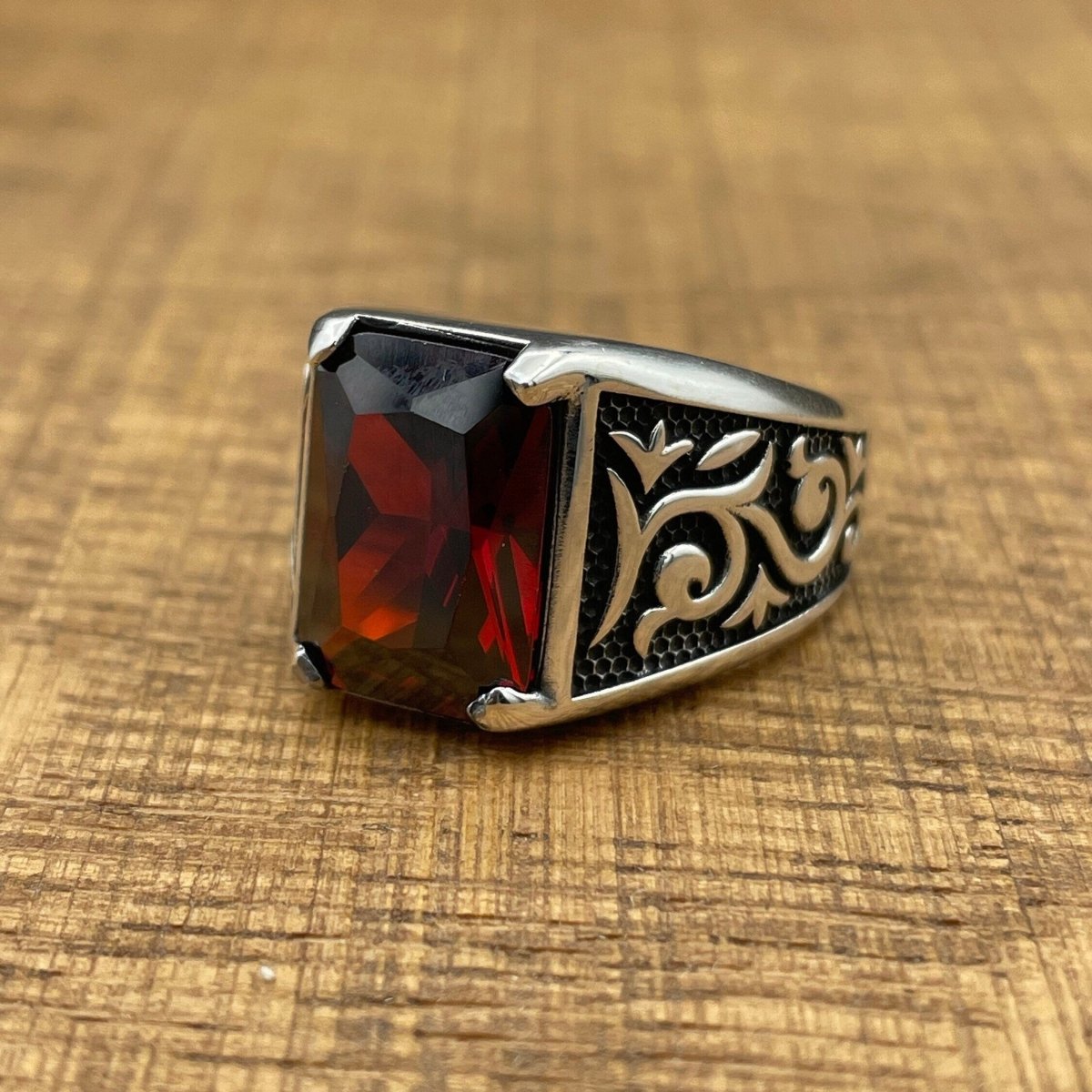 Men's Red Ruby Stone Silver Ring