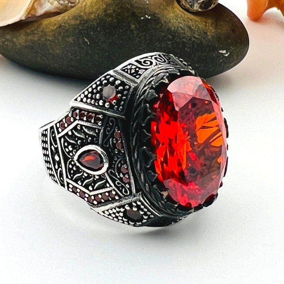 Men's Red Ruby Stone Silver Ring