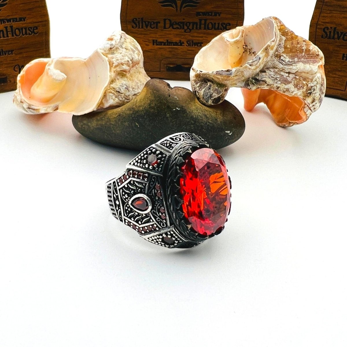 Men's Red Ruby Stone Silver Ring