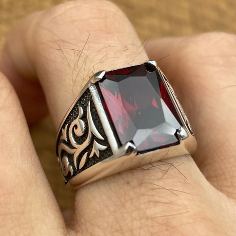 Men's Red Ruby Stone Silver Ring