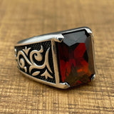 Men's Red Ruby Stone Silver Ring