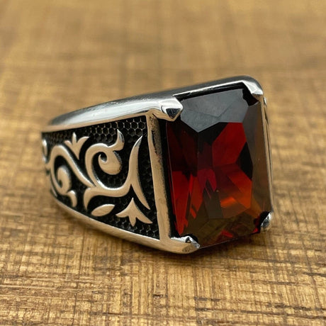 Men's Red Ruby Stone Silver Ring