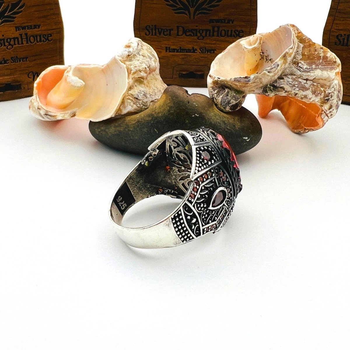 Men's Red Ruby Stone Silver Ring