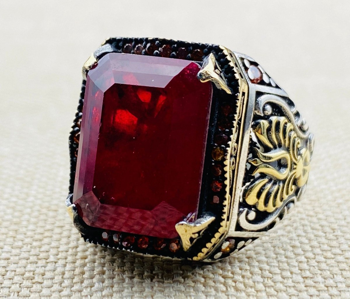 Men's Red Ruby Stone Silver Ring - TryAladdin