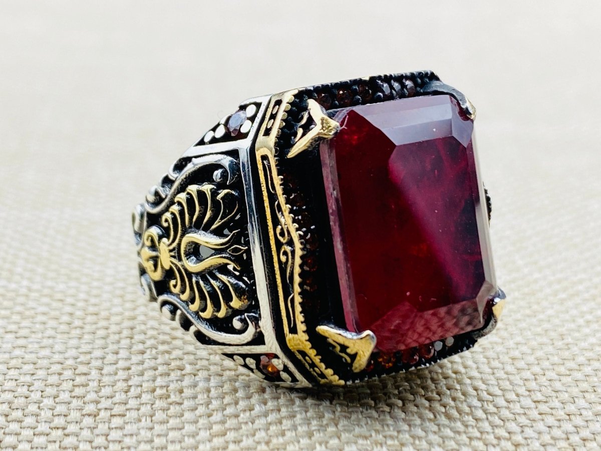 Men's Red Ruby Stone Silver Ring