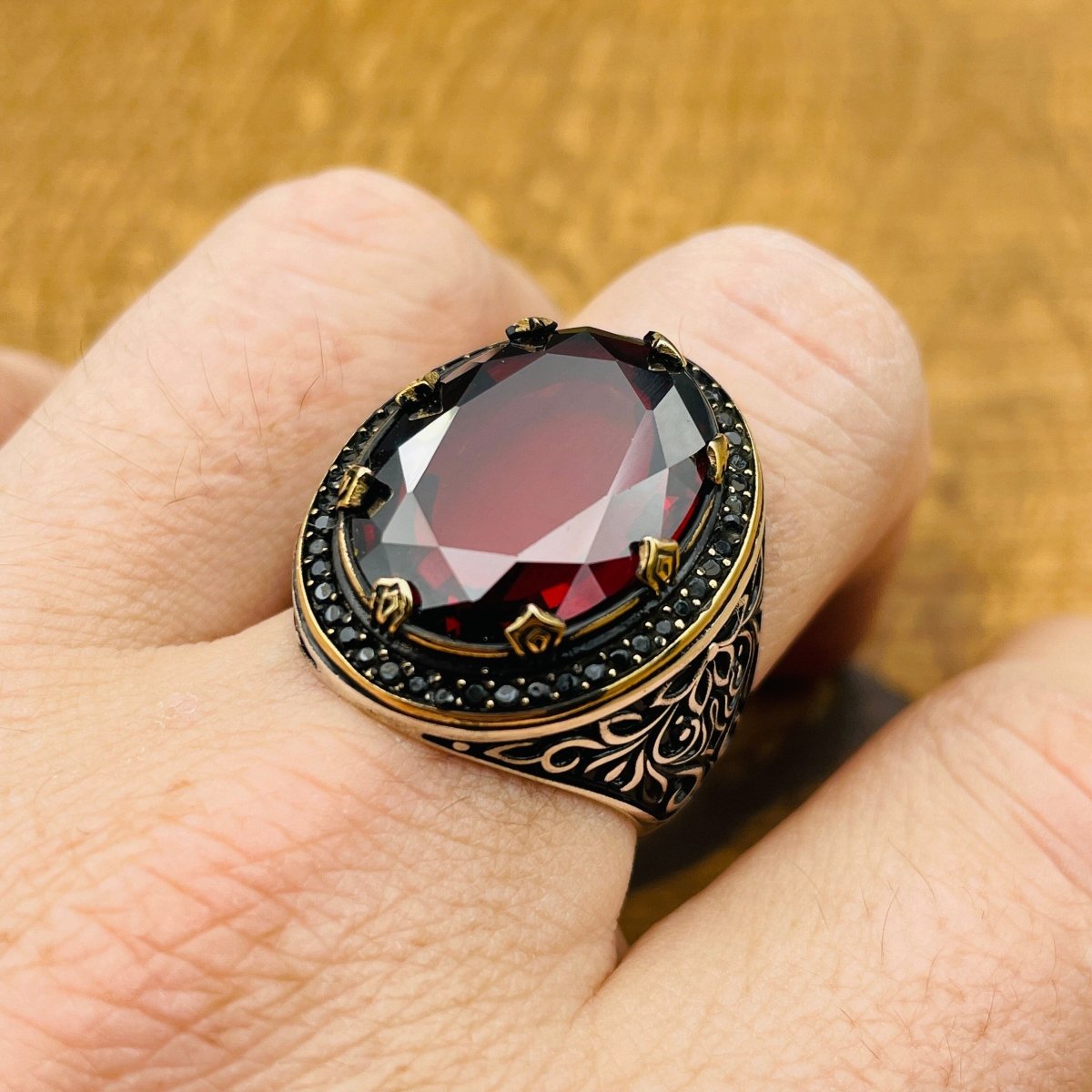 Men's Red Ruby Stone Silver Ring