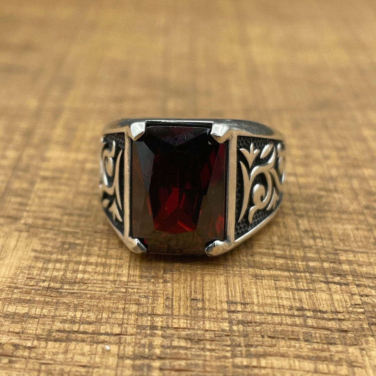 Men's Red Ruby Stone Silver Ring