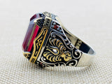 Men's Red Ruby Stone Silver Ring