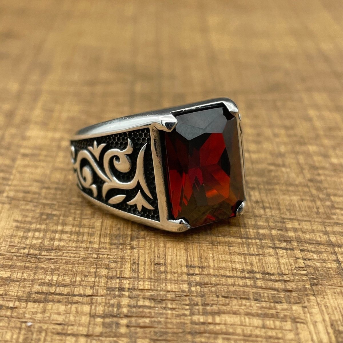 Men's Red Ruby Stone Silver Ring