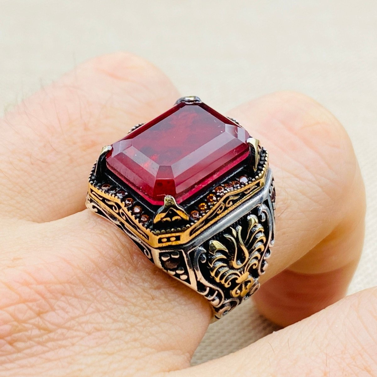 Men's Red Ruby Stone Silver Ring