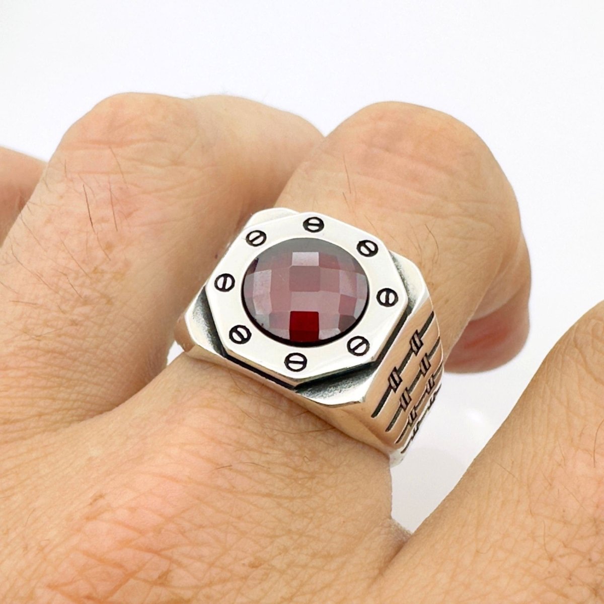 Men's Red Zircon Silver Ring - TryAladdin