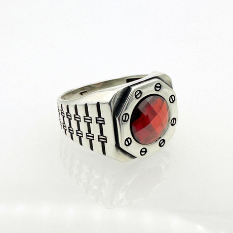 Men's Red Zircon Silver Ring