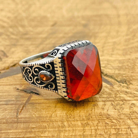 Men's Red Zircon Silver Ring