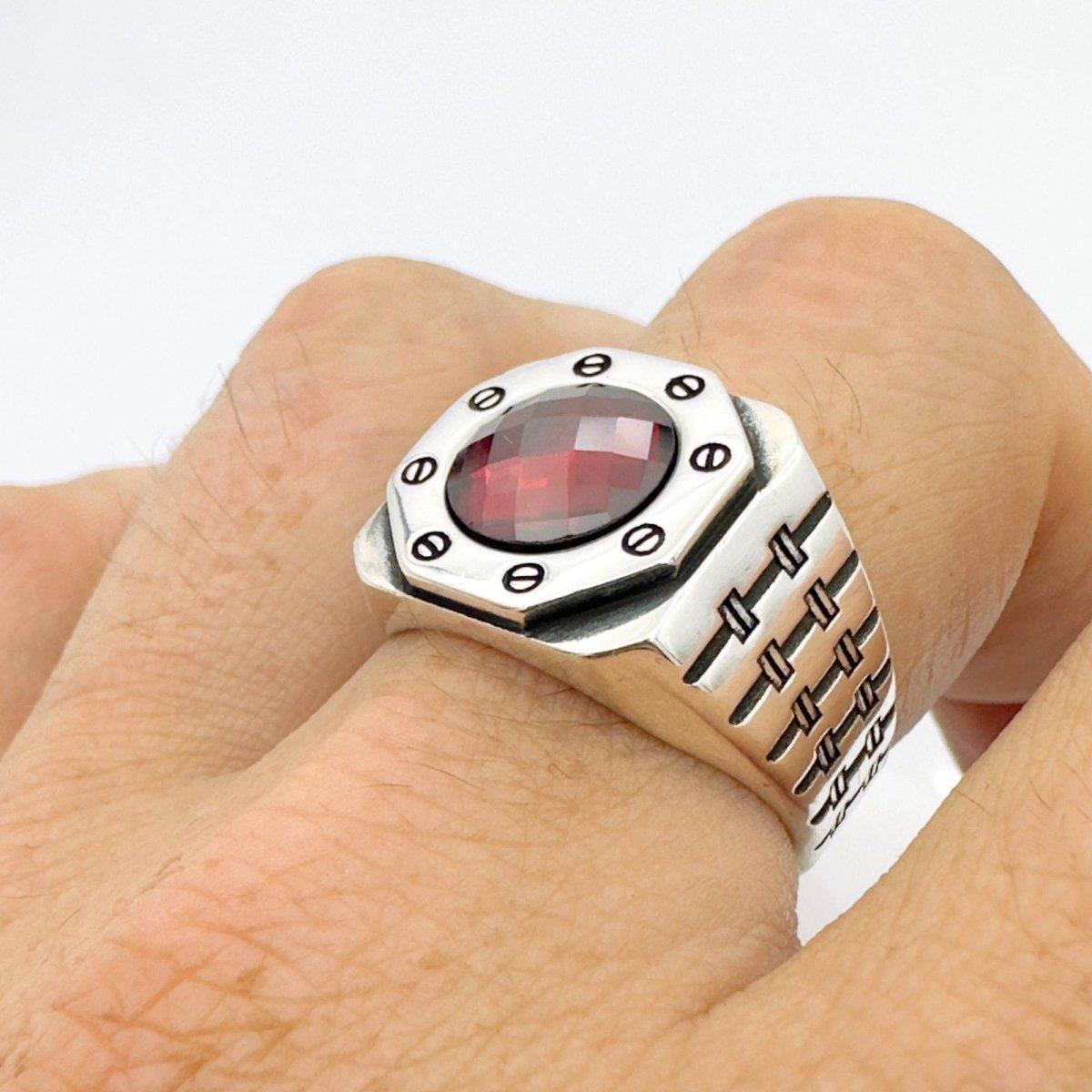 Men's Red Zircon Silver Ring