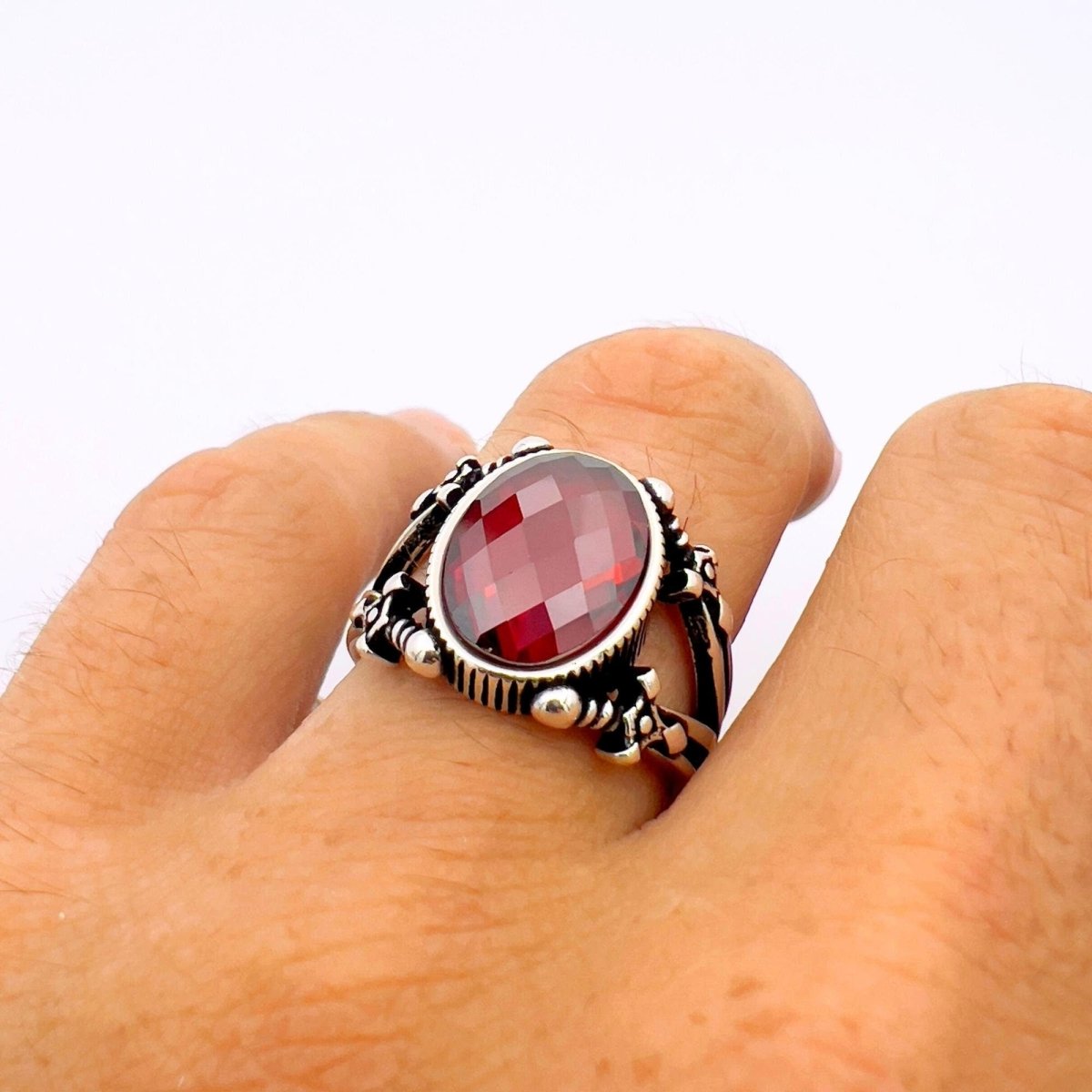 Men's Red Zircon Sterling Silver Ring