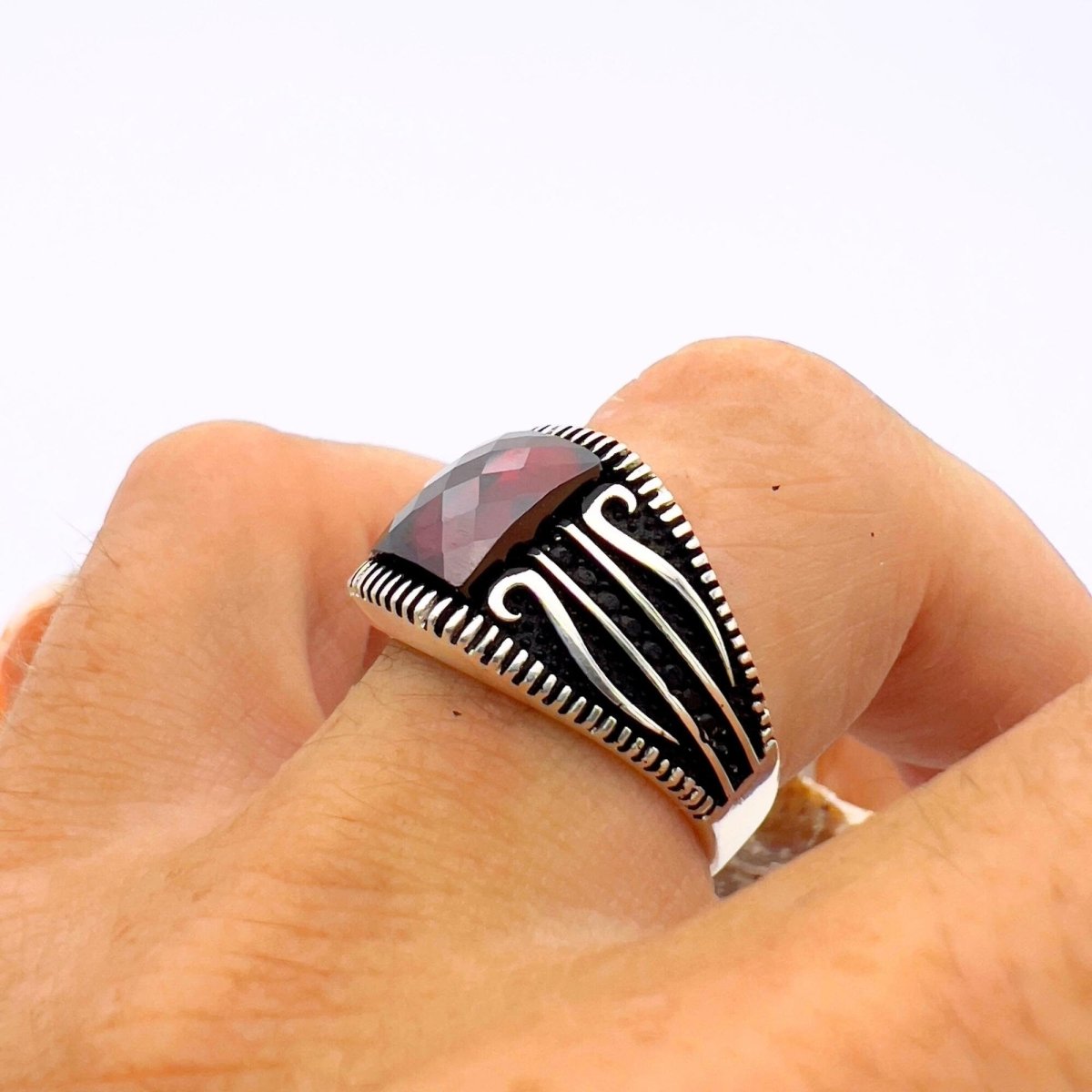 Men's Red Zircon Stone Silver Ring