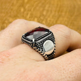 Men's Red Zircon Stone Silver Ring