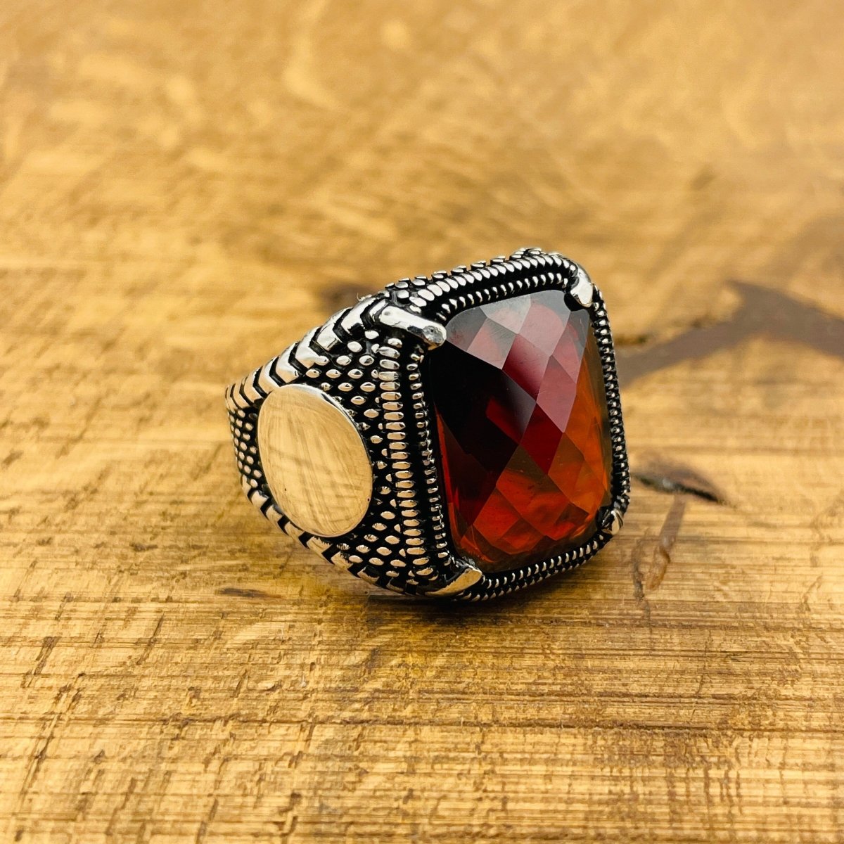 Men's Red Zircon Stone Silver Ring