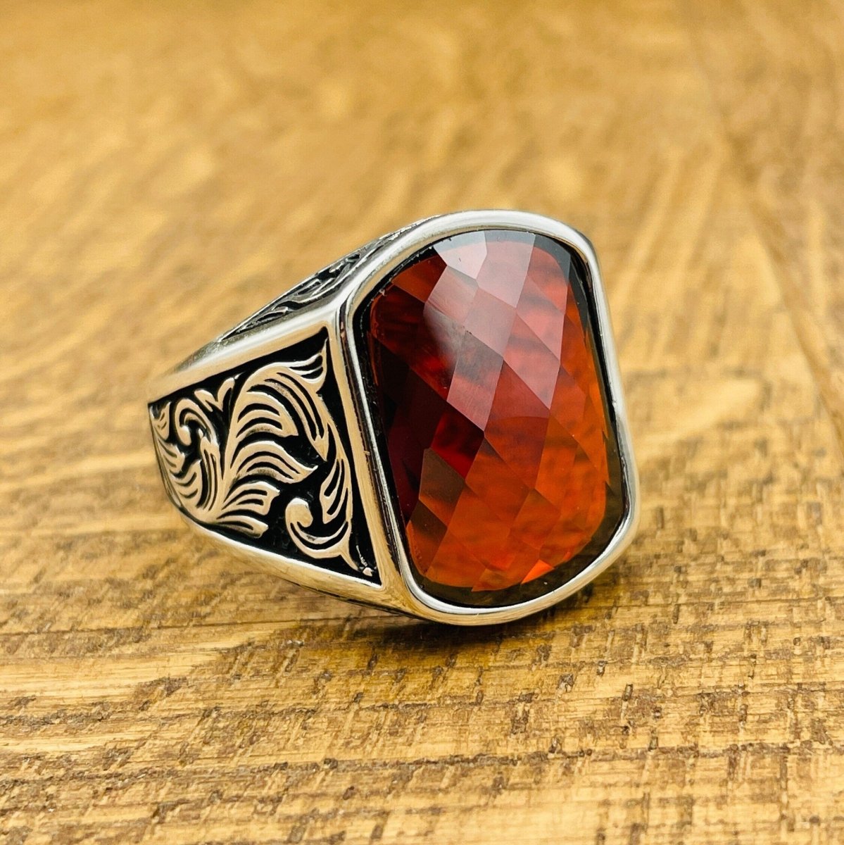 Men's Red Zircon Stone Silver Ring