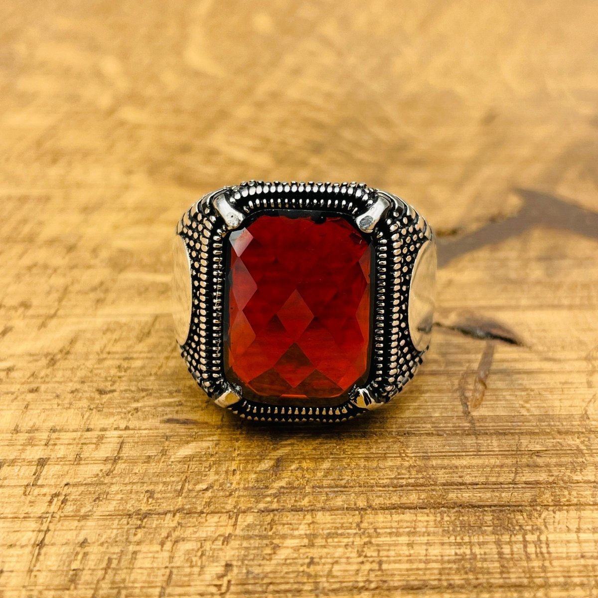 Men's Red Zircon Stone Silver Ring