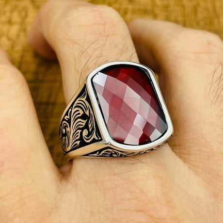 Men's Red Zircon Stone Silver Ring