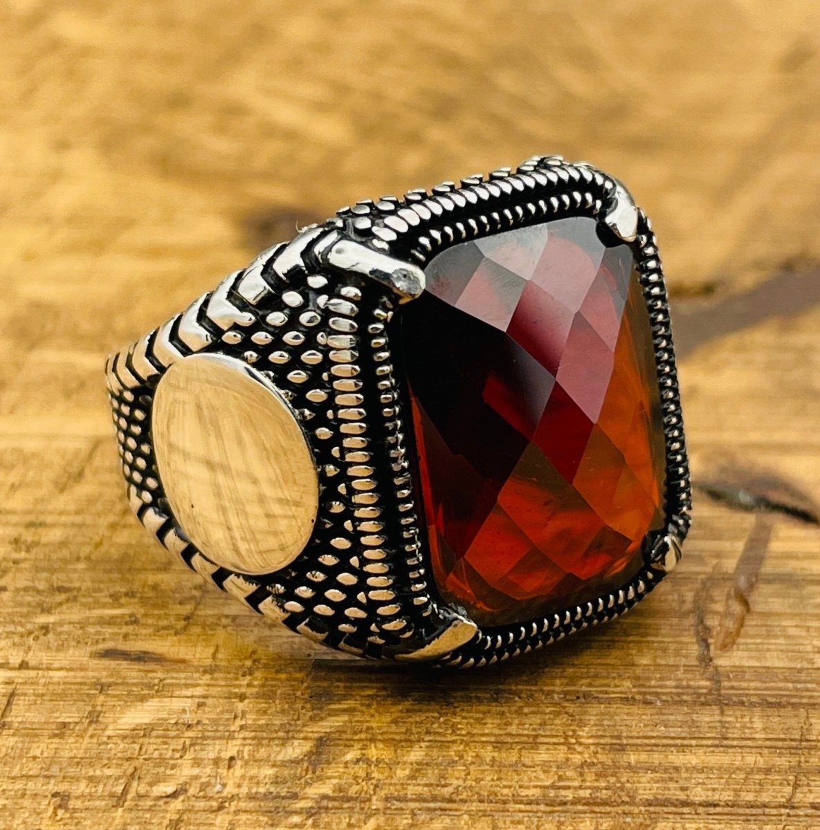 Men's Red Zircon Stone Silver Ring