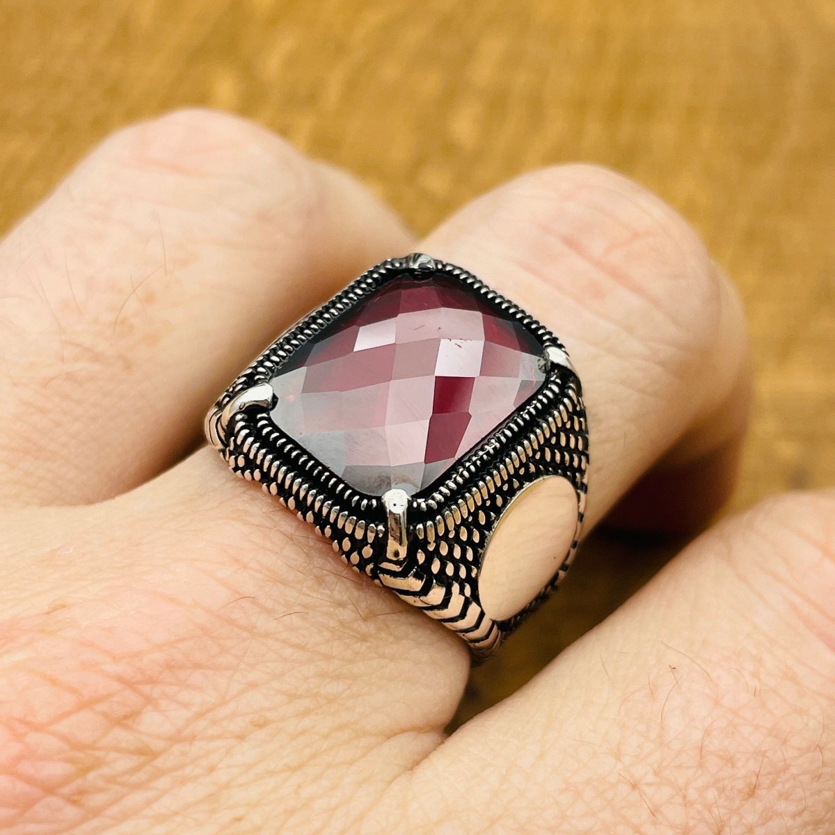 Men's Red Zircon Stone Silver Ring