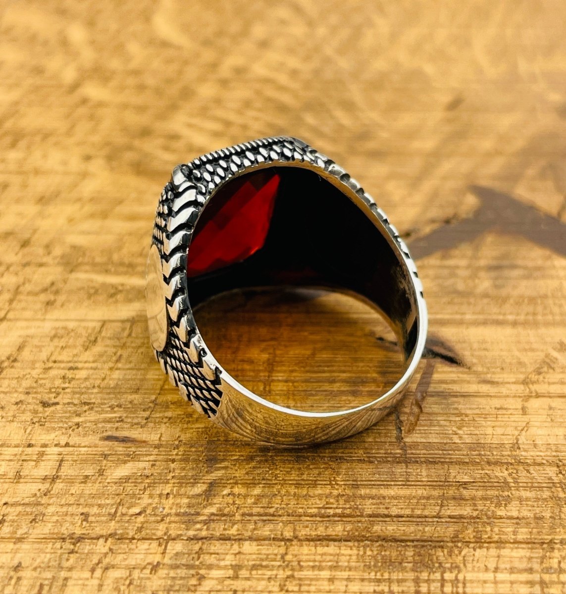 Men's Red Zircon Stone Silver Ring