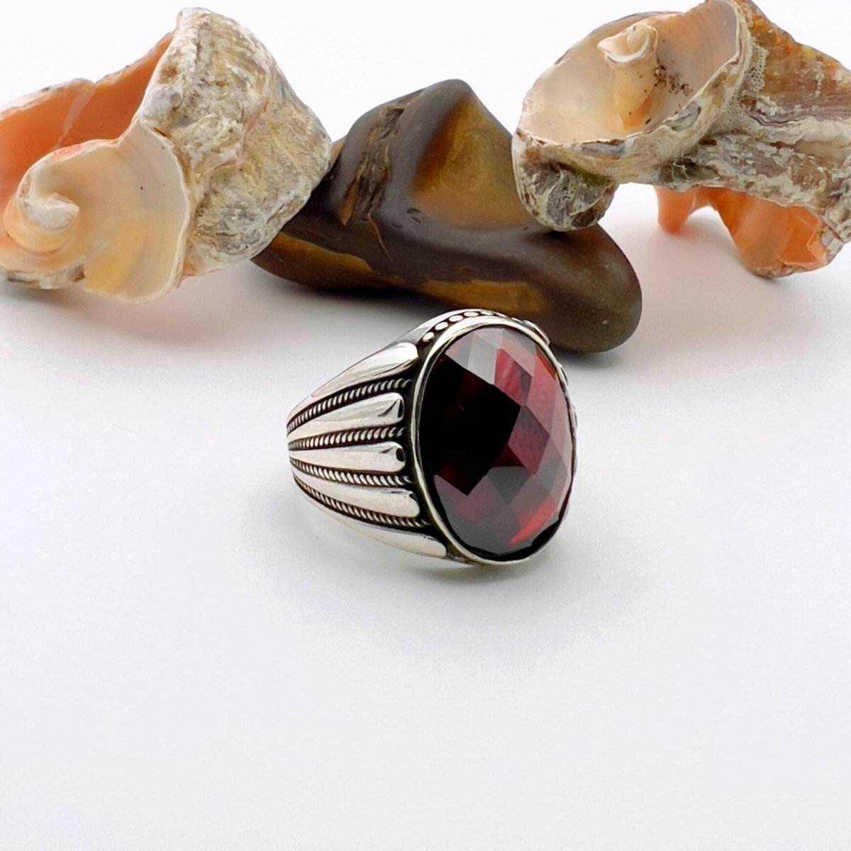 Men's Red Zircon Stone Silver Ring