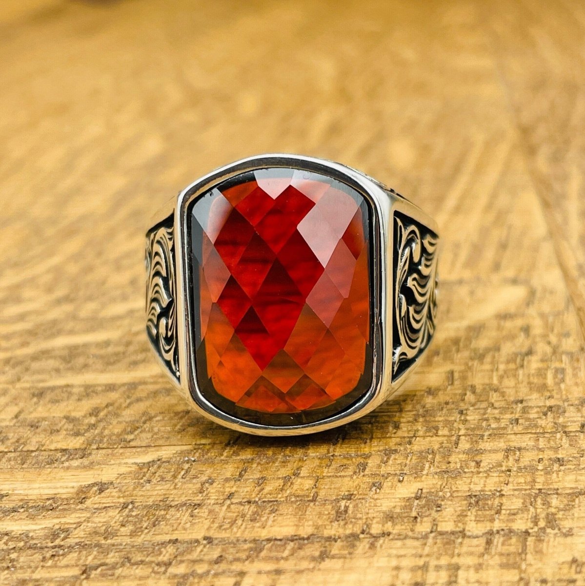 Men's Red Zircon Stone Silver Ring