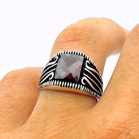 Men's Red Zircon Stone Silver Ring