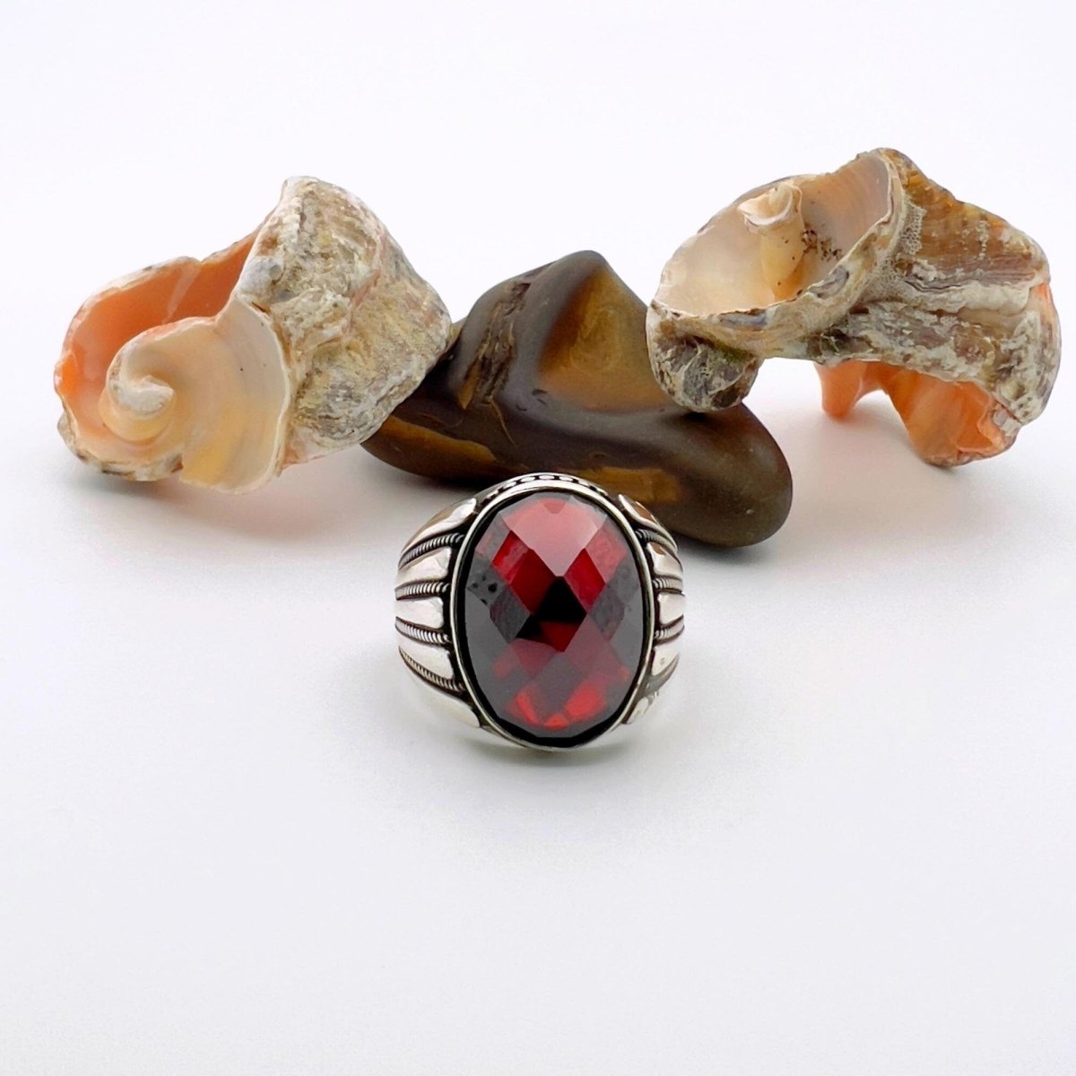 Men's Red Zircon Stone Silver Ring