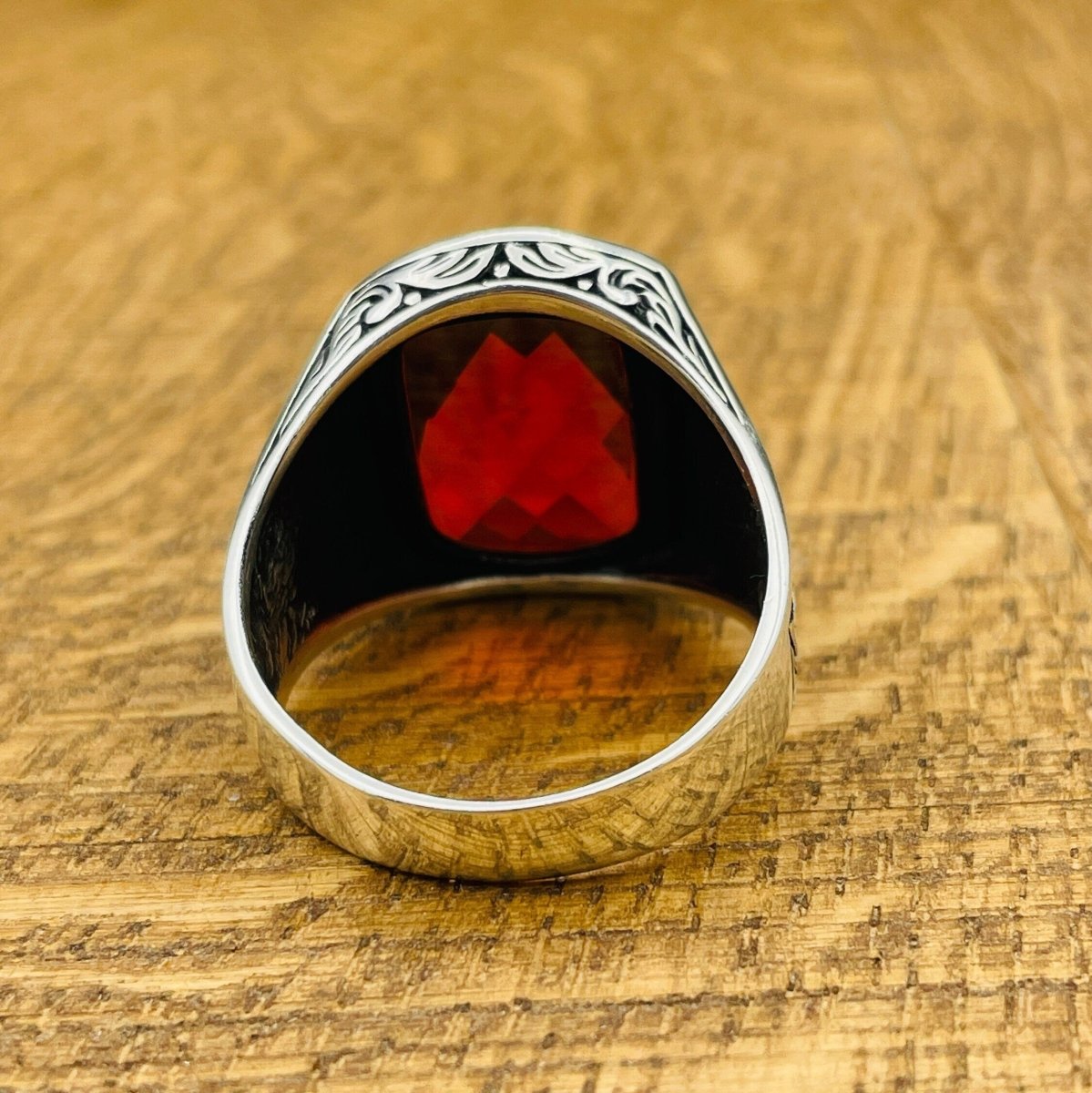 Men's Red Zircon Stone Silver Ring