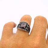 Men's Red Zircon Stone Silver Ring