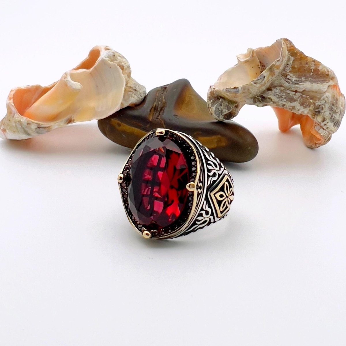 Men's Ruby Oval Stone Silver Ring