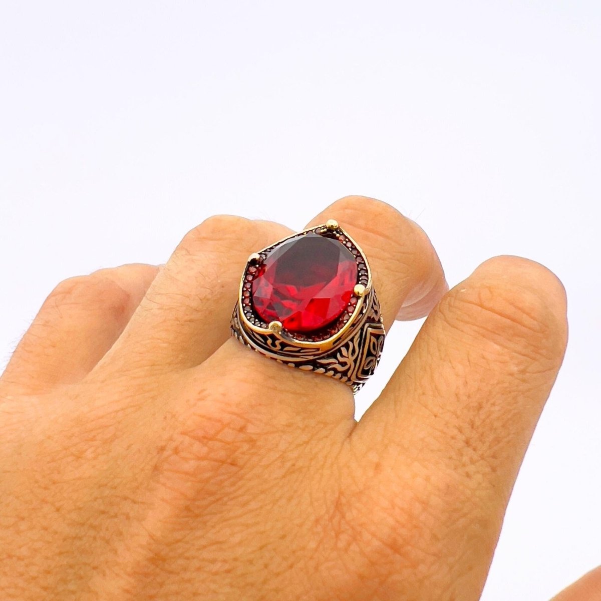 Men's Ruby Oval Stone Silver Ring